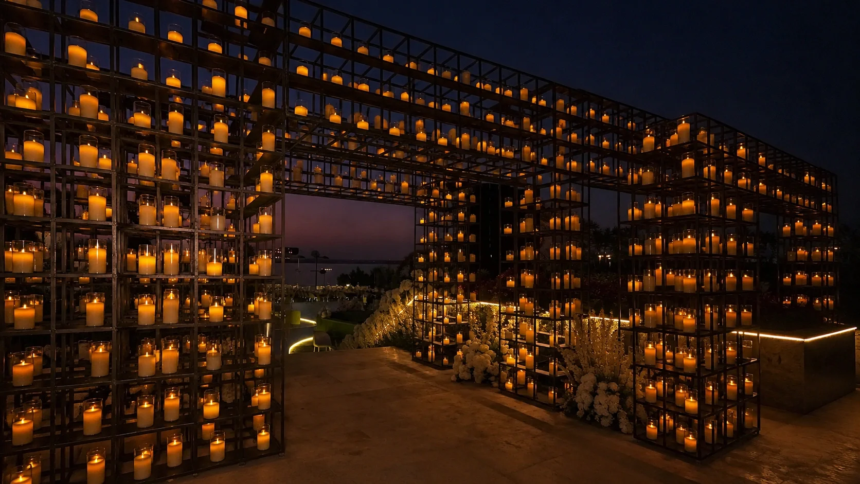 LED candle wall lining an outdoor wedding aisle at dusk