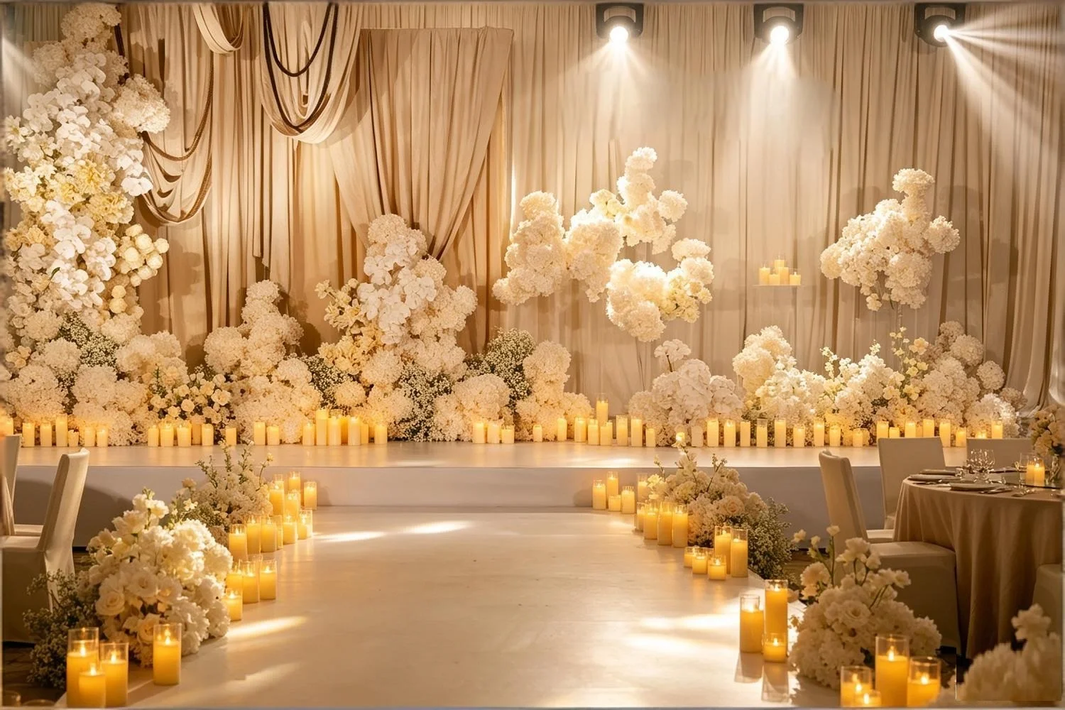 Glass LED candles arranged across a wedding stage backdrop