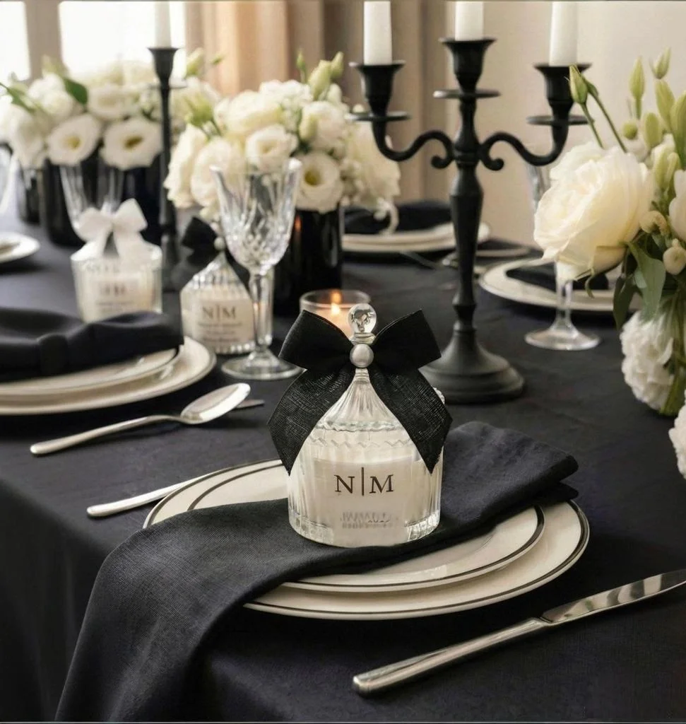 Scented candles styled as a wedding table centrepiece
